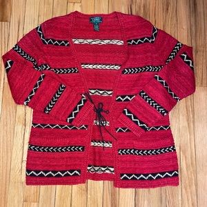 Vintage Ralph Lauren Aztec Southwest Tribal Red Hand Knit Sweater Cardigan